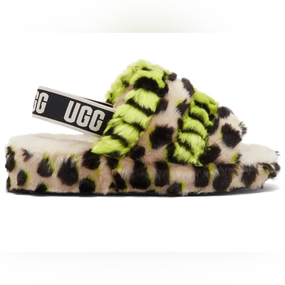 Neon green cheetah print Ugg fluffy slippers